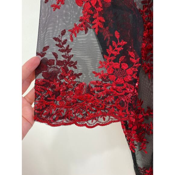 Catherines Sheer Mesh Embroidered Sequins Top Sz 1X Red Black Witchy Renaissance - Picture 2 of 9
